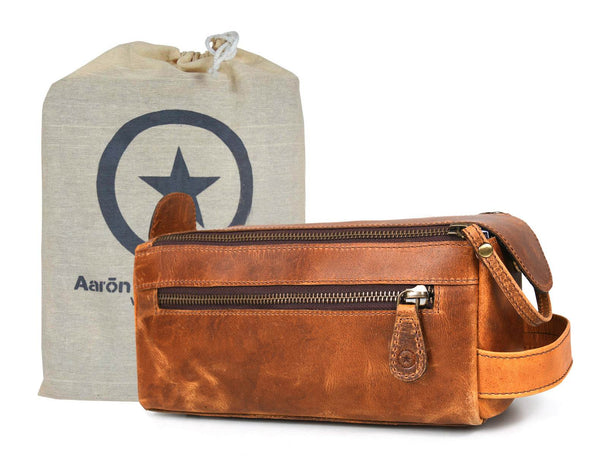 Arousa Leather Toiletry Bag - Caramel Brown - Aaron Leather Goods