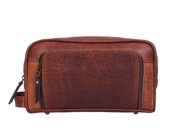 Barcelona Leather Toiletry Bag - Caramel Brown - Aaron Leather Goods
