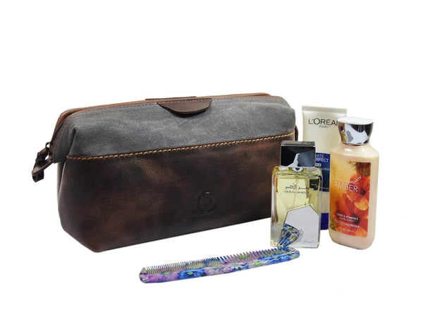 Valencia Canvas Leather Toiletry Bag - Vintage Brown - Aaron Leather Goods