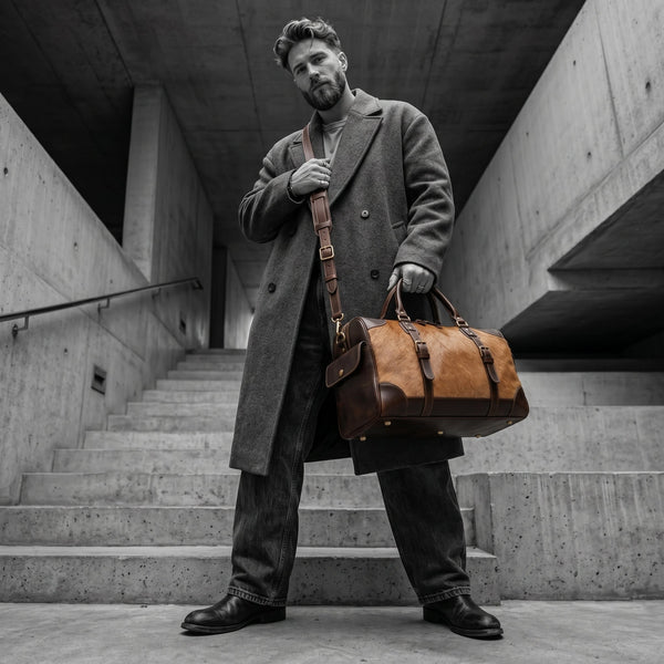 Luxury Hair - On Leather Duffle Bag for Men – Vintage Brown Travel Weekender with Shoulder Strap - Aaron Leather Goods Inc
