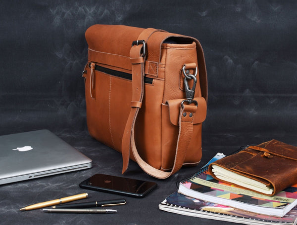 Madrid Leather Messenger Bag - Tan - Aaron Leather Goods Inc