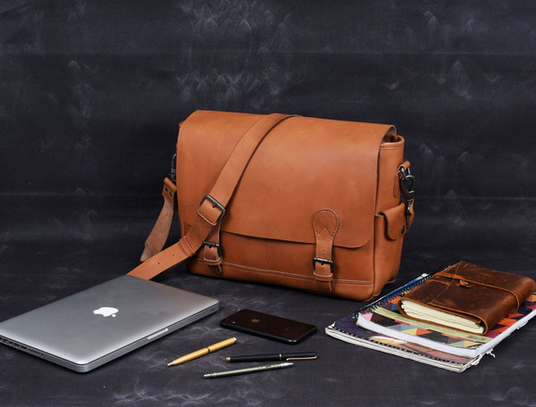 Madrid Leather Messenger Bag - Tan - Aaron Leather Goods Inc