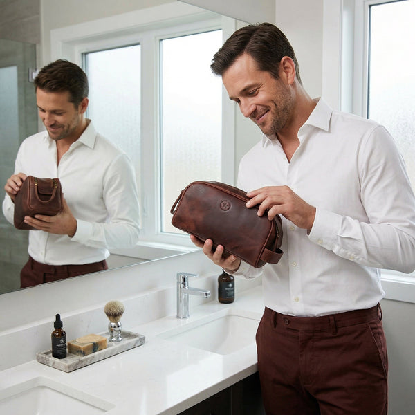 Omaha Leather Toiletry Bag - Walnut Brown - Aaron Leather Goods Inc