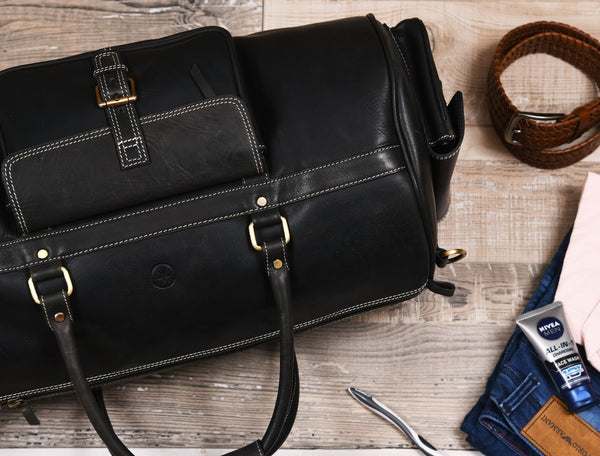 Pamplona Leather Duffle bag - Raven Black - Aaron Leather Goods Inc