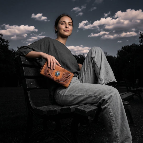 Paso Hand Tooled Leather Clutch - Caramel Brown - Aaron Leather Goods Inc