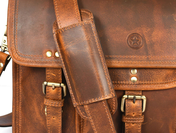 Ancona Leather Office Bag 15" - Caramel Brown - Aaron Leather Goods
