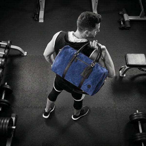Pomona Leather Suede Weekender Bag - Blue - Aaron Leather Goods Inc