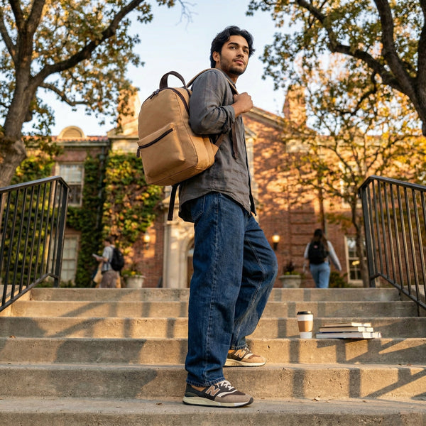 Premium Tan Canvas Backpack with Leather Zipper - Aaron Leather Goods Inc