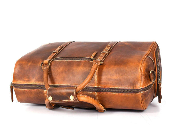 Arezzo Leather Overnight Bag - Caramel Brown - Aaron Leather Goods