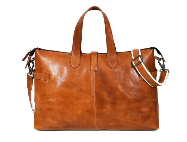 Timeless Leather Weekender Bag with Top Handles - Tan - Aaron Leather Goods Inc