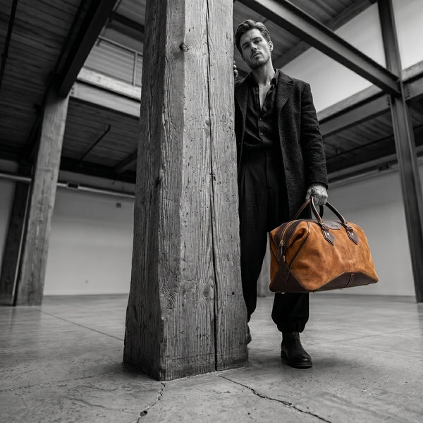Vintage Tan Leather Duffle Bag for Men – Luxury Weekender Travel Bag with Shoulder Strap - Aaron Leather Goods Inc