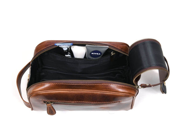Omaha Leather Toiletry Bag - Hickory Brown - Aaron Leather Goods