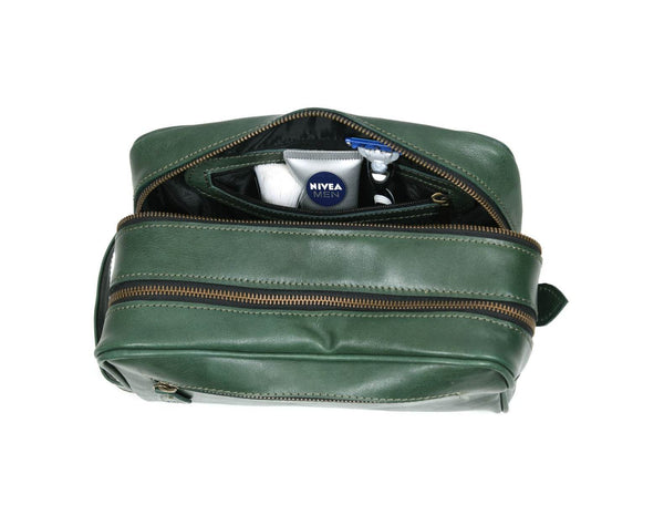 Tampa Leather Toiletry Bag - Fossil Green - Aaron Leather Goods