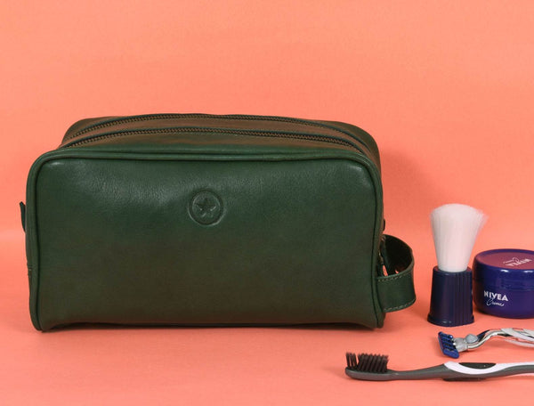 Tampa Leather Toiletry Bag - Fossil Green - Aaron Leather Goods