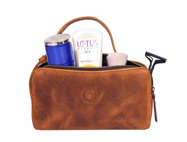 Manresa Leather Toiletry Bag - Caramel Brown - Aaron Leather Goods