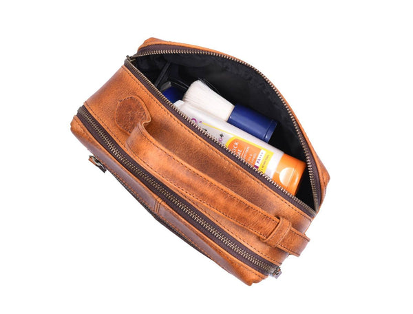 Manresa Leather Toiletry Bag - Caramel Brown - Aaron Leather Goods