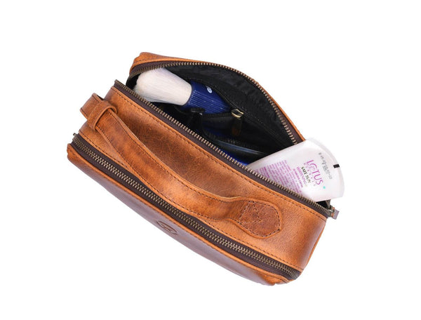 Manresa Leather Toiletry Bag - Caramel Brown - Aaron Leather Goods