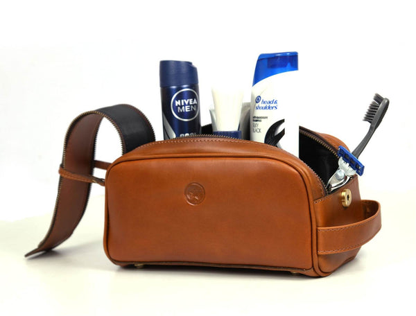 Omaha Leather Toiletry Bag - Cinnamon Brown - Aaron Leather Goods