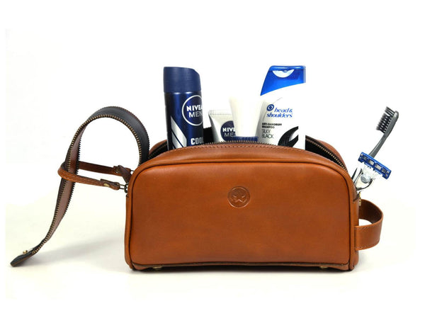 Omaha Leather Toiletry Bag - Cinnamon Brown - Aaron Leather Goods