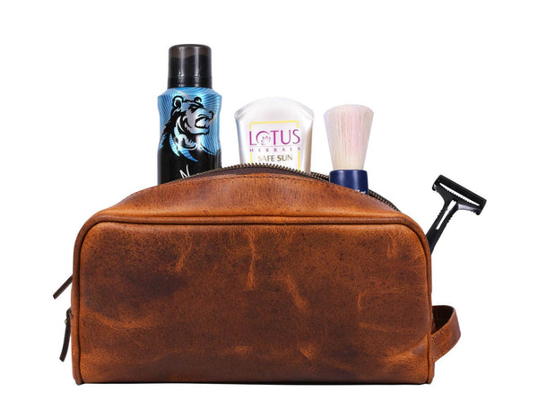 Tampa Leather Toiletry Bag - Caramel Brown - Aaron Leather Goods