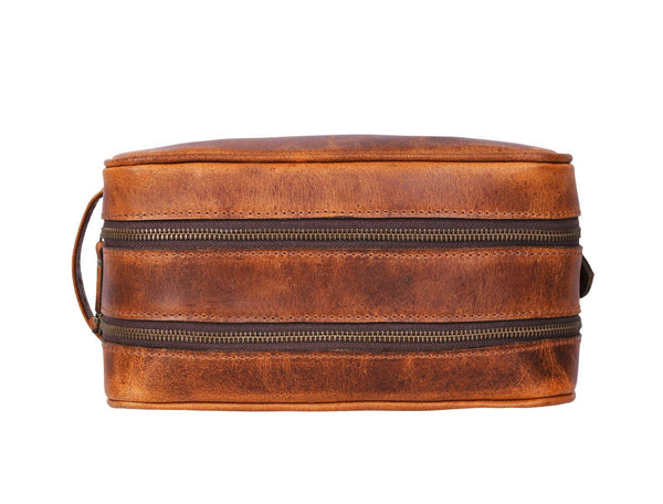Tampa Leather Toiletry Bag - Caramel Brown - Aaron Leather Goods