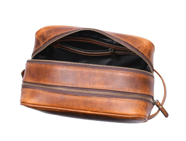 Tampa Leather Toiletry Bag - Caramel Brown - Aaron Leather Goods