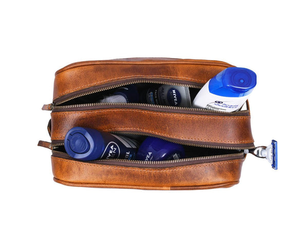 Tampa Leather Toiletry Bag - Caramel Brown - Aaron Leather Goods