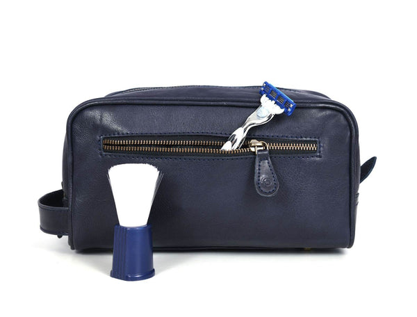 Tampa Leather Toiletry Bag - Navy Blue - Aaron Leather Goods