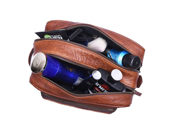 Barcelona Leather Toiletry Bag - Caramel Brown - Aaron Leather Goods