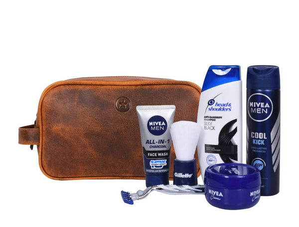 Vacone Leather Toiletry Bag - Caramel Brown - Aaron Leather Goods