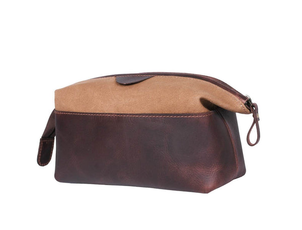 Valencia Canvas Leather Toiletry Bag - Coffee - Aaron Leather Goods