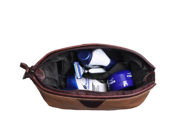 Valencia Canvas Leather Toiletry Bag - Coffee - Aaron Leather Goods