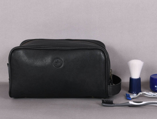 Tampa Leather Toiletry Bag - Raven Black - Aaron Leather Goods