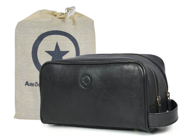 Tampa Leather Toiletry Bag - Raven Black - Aaron Leather Goods