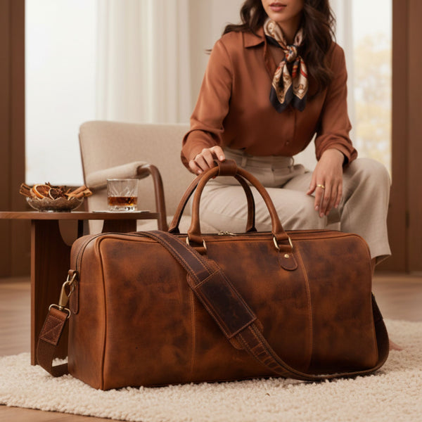 Algiers Leather Duffle Bag 18" - Caramel Brown - Aaron Leather Goods