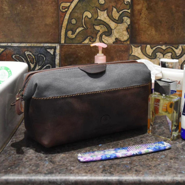 Valencia Canvas Leather Toiletry Bag - Vintage Brown - Aaron Leather Goods