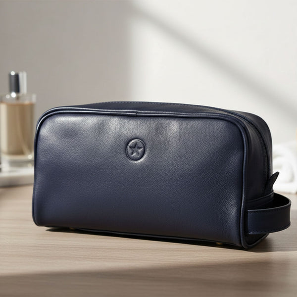 Tampa Leather Toiletry Bag - Navy Blue - Aaron Leather Goods