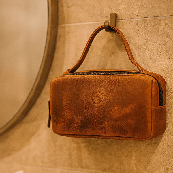 Manresa Leather Toiletry Bag - Caramel Brown - Aaron Leather Goods