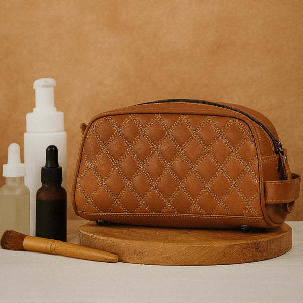 Ample Glide Quilted Leather Toiletry Bag - Caramel - Aaron Leather Goods